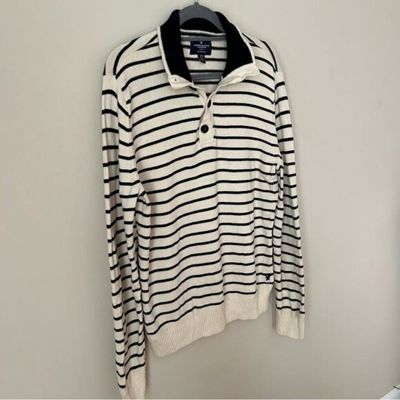 American Eagle Men’s Striped Pullover Collared Quarter Button Sweater Medium - Picture 3 of 6